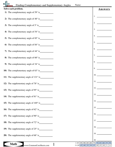 Finding Complementary and Supplementary Angles Worksheet - Finding Complementary and Supplementary Angles worksheet